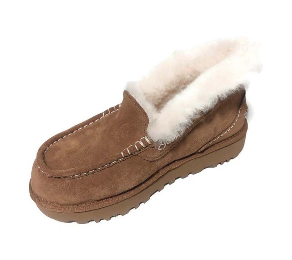 UGG Ansley Parc Womens 11 Chestnut Suede Platform Moccasin Slippers Wool Lined - Picture 3 of 8